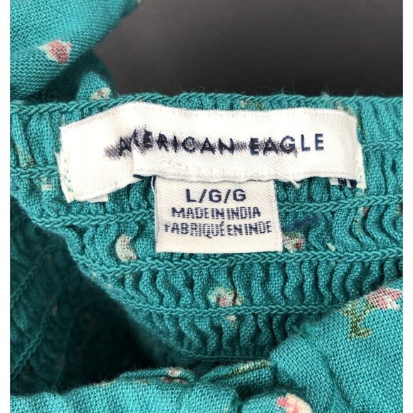 American Eagle Women's Ditsy Floral Crop Top L Teal Linen Blend Feminine Y2k - Picture 3 of 8